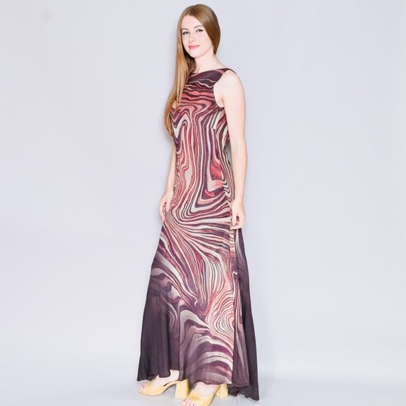 VINTAGE Unique 90s Swirly Stripes Geode Sleeveless Maxi Dress - Picture 6 of 8